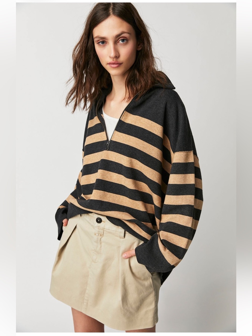 Free People Coastal Stripe Pullover Sweater size XS Oversized Carbon Camel Combo